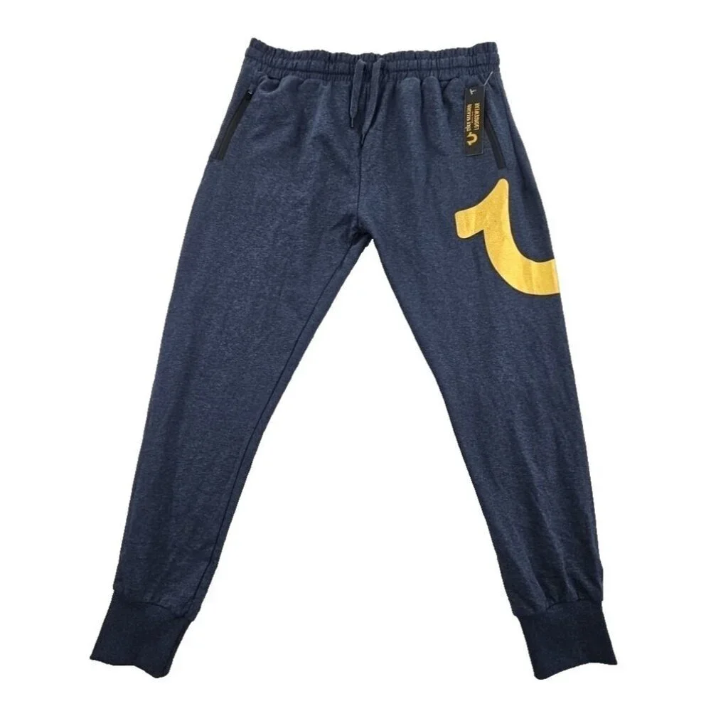 True Religion Loungewear Men's Large Navy Blue with Gold Logo Pants Jogger NEW‎